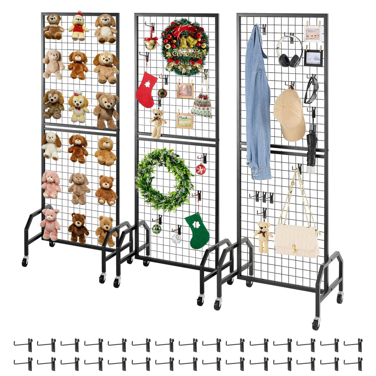 VEVOR - 3 Packs Grid Wall Panels, 1.9 x 5.4 ft Wire Grid Panels Display Rack, Movable Art Display Shelf with Wheels and 30 Hooks - Black