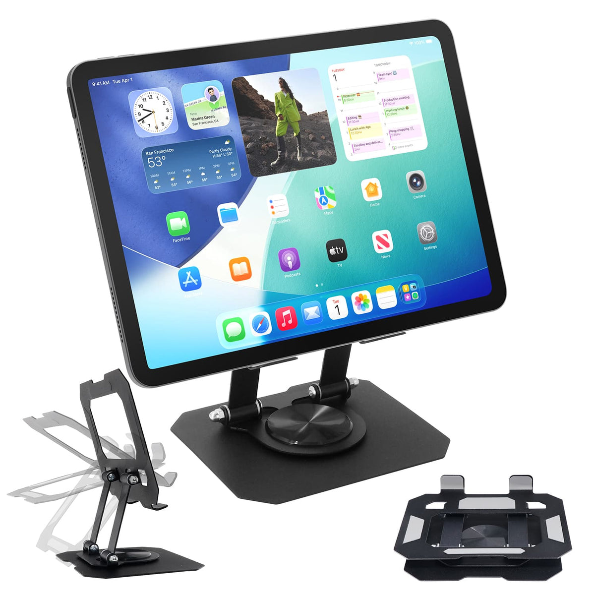 Vena - For iPad Stand Tablet Stand for Desk, Bi-Fold Stand for iPad Holder & Cellphone, Adjustable Tablet Holder Stand - Black