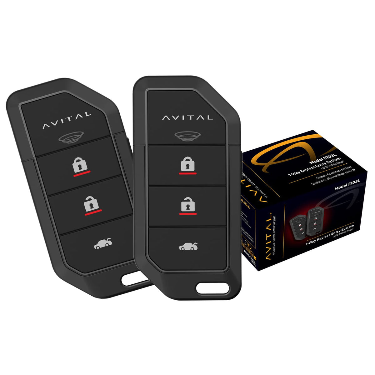 AVITAL - 2103L 1-Way Keyless Entry System, Two 4-Button Remotes - Onyx Black