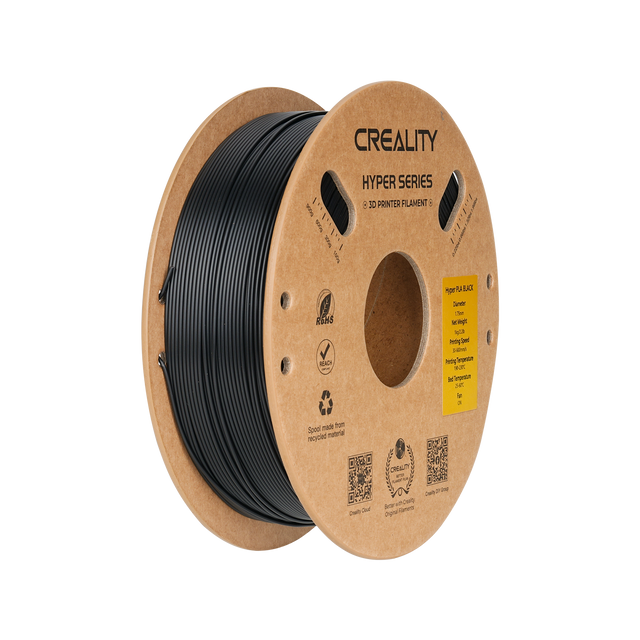 CREALITY  
HYPER SERIES  
3D PRINTER FILAMENT  

Hyper PLA BLACK  
Diameter: 1.75mm  
Net Weight: 1kg  
Printing Speed: 30-80mm/s  
Printing Temperature: 200-220°C  
Bed Temperature: 60-70°C  

Made from recycled material  

CREALITY  
Better with CREALITY  
Original filament