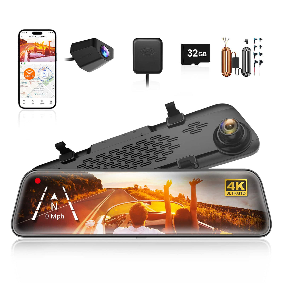 WOLFBOX - 4K+1080P Rear View Mirror Dash Cam, 5.8G Hz Wifi, GPS, 12'' Touch Screen, WDR, Night Vision, 32GB Card, 24H Parking Mode - Black