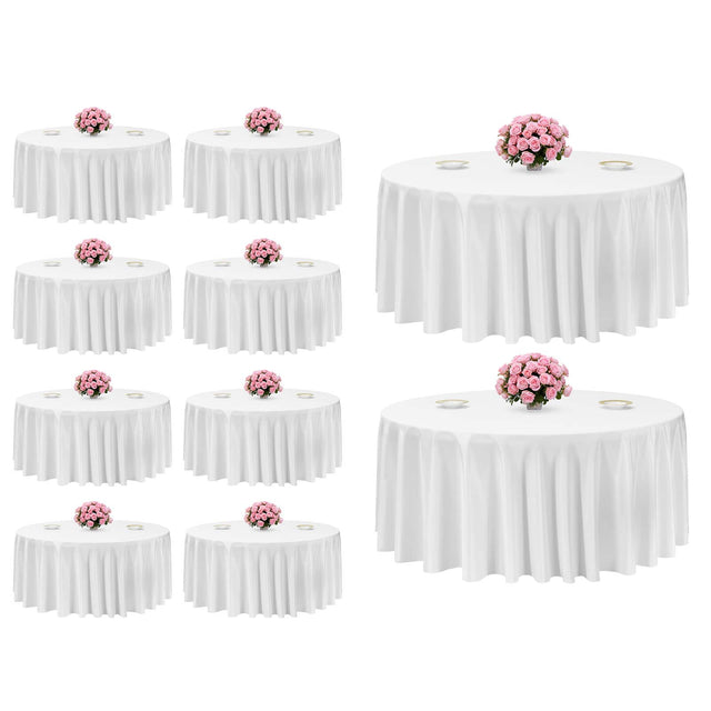 Front. VEVOR - White Round Tablecloths 10 Pack, 132 Inches in Diameter, Stain- & Wrinkle- Resistant, Machine Washable Table Clothes - White.
