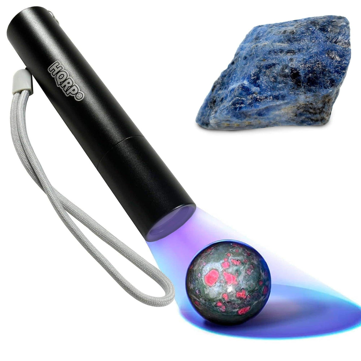 HQRP - 365 nm UV Blacklight Flashlight - 3 W USB Rechargeable Pocket Torch with Optical Filter + Sodalite Rough Stone