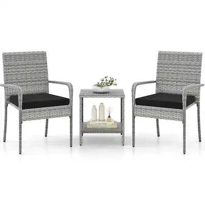 Costway - 3 PCS Patio Furniture Set with Seat Cushions & Tempered Glass Tabletop