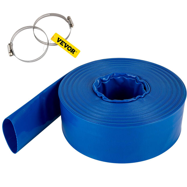Front. VEVOR - Discharge Hose, 4\" x 105\', PVC Lay Flat Hose, Heavy Duty Backwash Drain Hose with Clamps, Weather-proof & Burst-proof - Blue.
