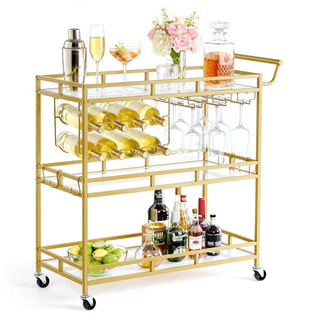 Front. VEVOR - Bar Cart, 3 Tiers Home Kitchen Serving Carts, Modern Rolling Utility Station on Wheels, Drink Beverage Trolley - Gold.