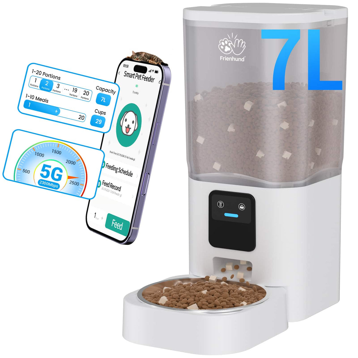 Frienhund - Automatic Cat Feeder with 5G WiFi, Slow Feed, Smart App Control, 7L Capacity, Alexa, 29 Cups, Easy to Clean - White