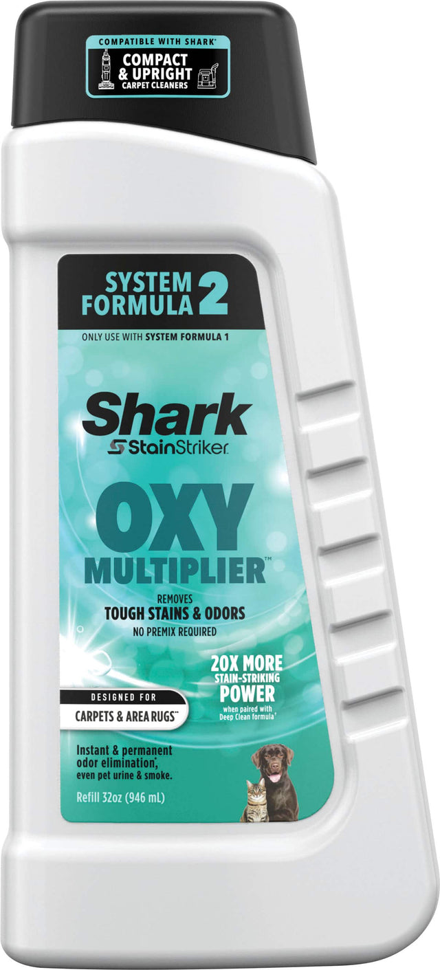 COMPATIBLE WITH SHARK COMPACT & UPRIGHT CARPET CLEANERS SYSTEM FORMULA 2 ONLY USE WITH SYSTEM FORMULA 1 Shark StainStriker OXY MULTIPLIER REMOVES TOUGH STAINS & ODORS NO PREMIX REQUIRED DESIGNED FOR CARPETS & AREA RUGS 20X MORE STAIN-STRIKING POWER when paired with Deep Clean formula Instant & permanent odor elimination, even pet urine & smoke. Refill 32oz (946 mL).