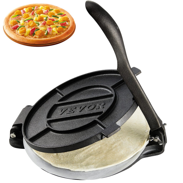 Front. VEVOR - Tortilla Press, 8 Inch Tortilla and Roti Maker, Cast Iron Heavy Duty Tortilladora Press, Pre-Seasoned Pataconera Maker - Black.