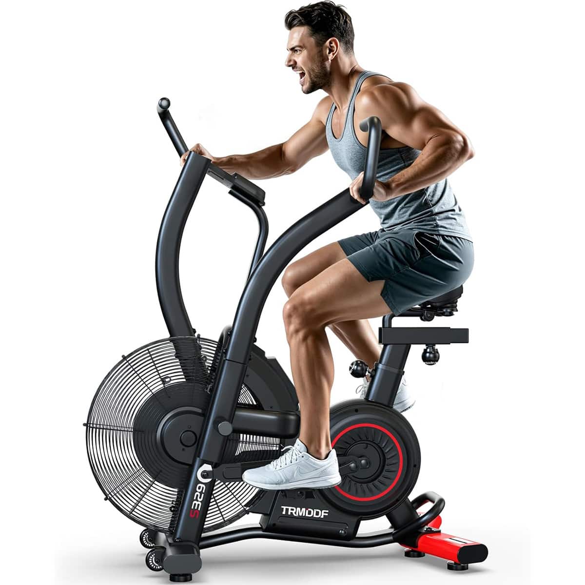Pooboo - Air Resistance Fan Stationary Exercise Bike, Dual Action Handlebars and Dual-Layer Transmission System - Black
