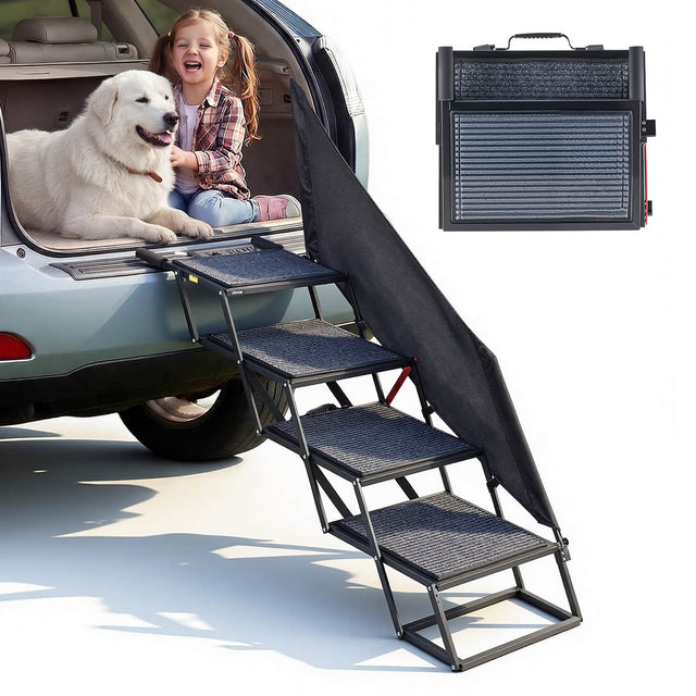 Front. VEVOR - Dog Stairs for Car, 4 Steps Extra Wide Foldable Dog Ramp for Large Dogs with Non-Slip Rug Surface, Portable Lightweight - Black.