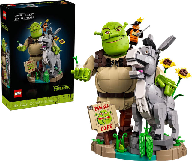 SHREK, DONKEY & PUSS IN BOOTS  
SHREK BEWARE ARE OGRE LEGO  
SHReK aogtotr  
1403 pcs/pzs  
18+  
72423  
BEWARE OG RE
