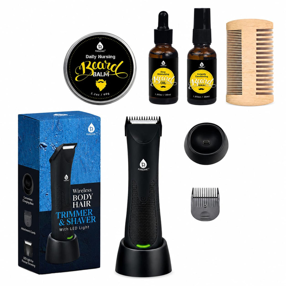 Pursonic - Wireless Body Hair Trimmer & Shaver & Beard Care Grooming Kit Bundle - Multicolor