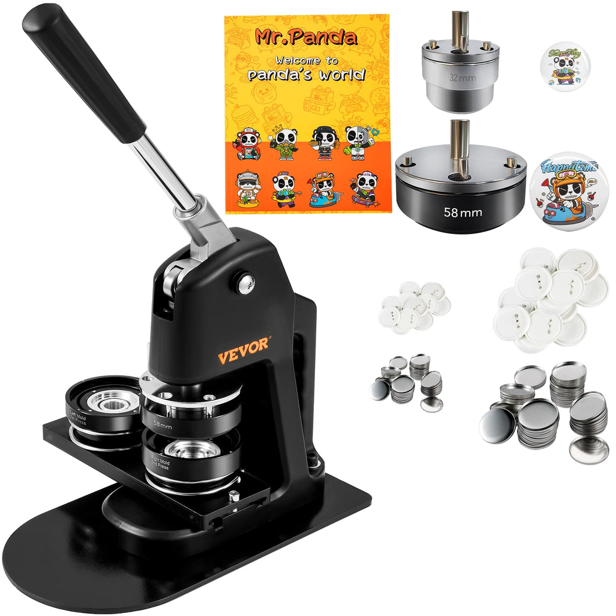 VEVOR - Button Maker Machine, Multiple Sizes 1.25+2.25 Inch Badge Punch Press Kit, Children DIY Gifts Pin Maker - Black