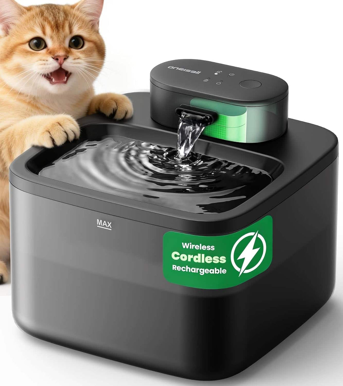 Oneisall - 2.2L/74oz Wireless Cat Water Fountain With Silent Pump 3 Flow Modes 4000mAh Battery 5-Layer Filter - Black