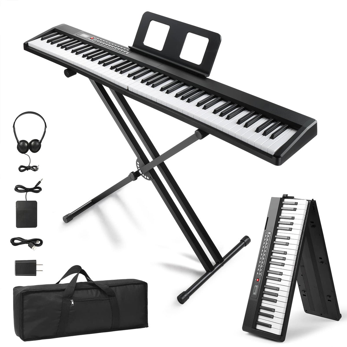Winado - 88 Key Foldable Electronic Keyboard Piano Set, Semi-Weighted Electric Piano Digital Piano with Dual X Stand,1000 Rhythms - Black