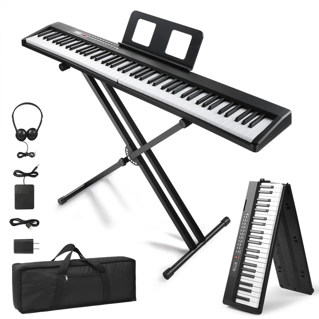 Front. Winado - 88 Key Foldable Electronic Keyboard Piano Set, Semi-Weighted Electric Piano Digital Piano with Dual X Stand,1000 Rhythms - Black.