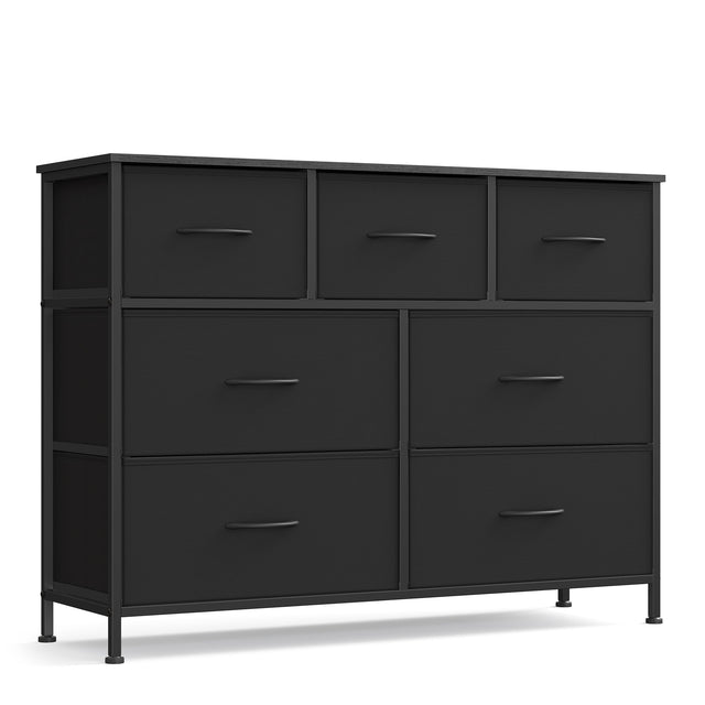 Front. Songmics Home - Dresser for Bedroom, Chest of Drawers, TV Stand, Steel, MDF, 7 Non-Woven Fabric Drawers, Storage Organizer Unit, Closet - Ink Black and Ebony Black.
