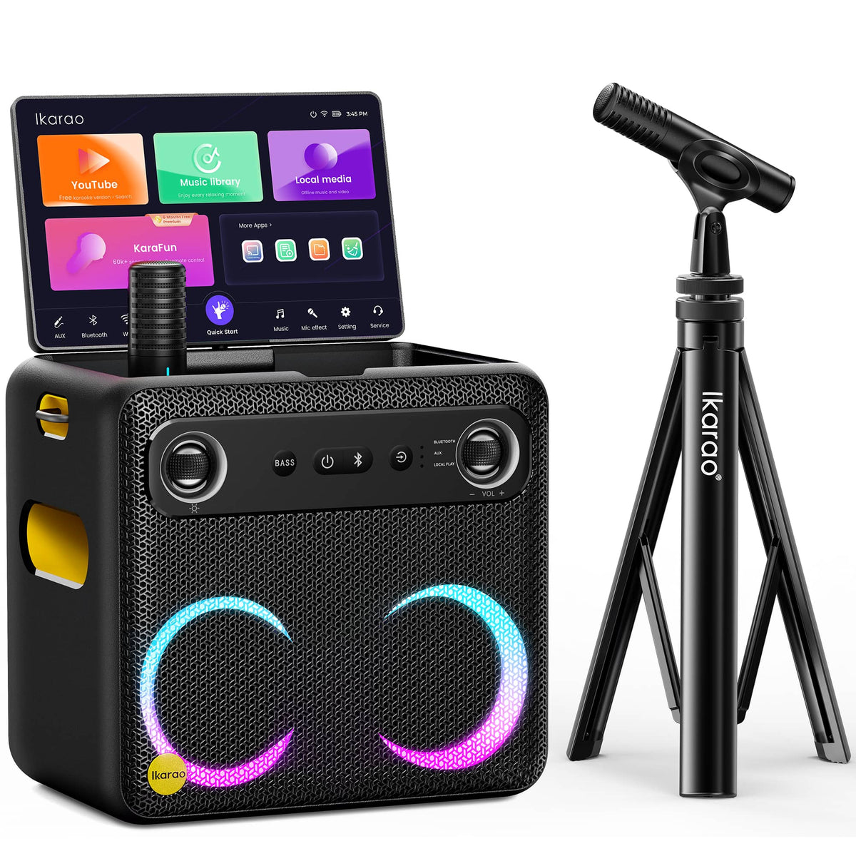 Ikarao - Karaoke Machine with Screen & Lyrics Display, 1 Mic Stand, 2 Wireless Microphones, Portable Bluetooth Speaker for Adults - Black