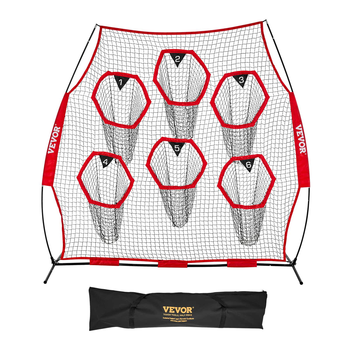 VEVOR - 8 x 8 ft Football Trainer Throwing Net, Training Throwing Target Practice Net with 6 Target Pockets, Knotless Net - Red