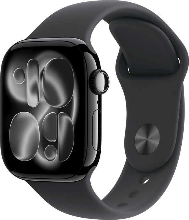 Front. Apple - Apple Watch Series 11 (GPS+Cellular) 42mm Aluminum Case with Black Sport Band - S/M - Jet Black.
