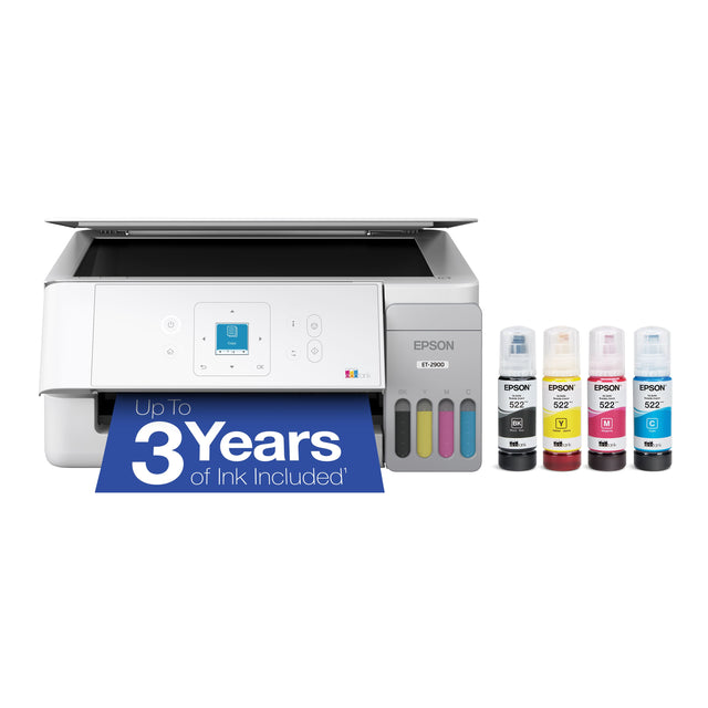 - a - - EPSON 1. 1 onk Up To 3 Years of Ink Included' K T-2900 -  - EPSON | 522 . TH 1 EPSON | 522 Y TUD d EPSON : 522 M Tall ad. EPSON | 522 TOT aias