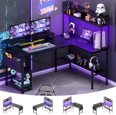Aheaplus - 49'' Reversible L-Shaped Computer Gaming Desk with LED Lights, Power Outlets, and Hutch Storage