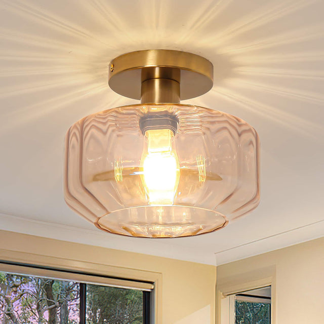 Front. Parrot Uncle - 9" Vintage Amber Glass Semi Flush Mount Ceiling Light - Gold.