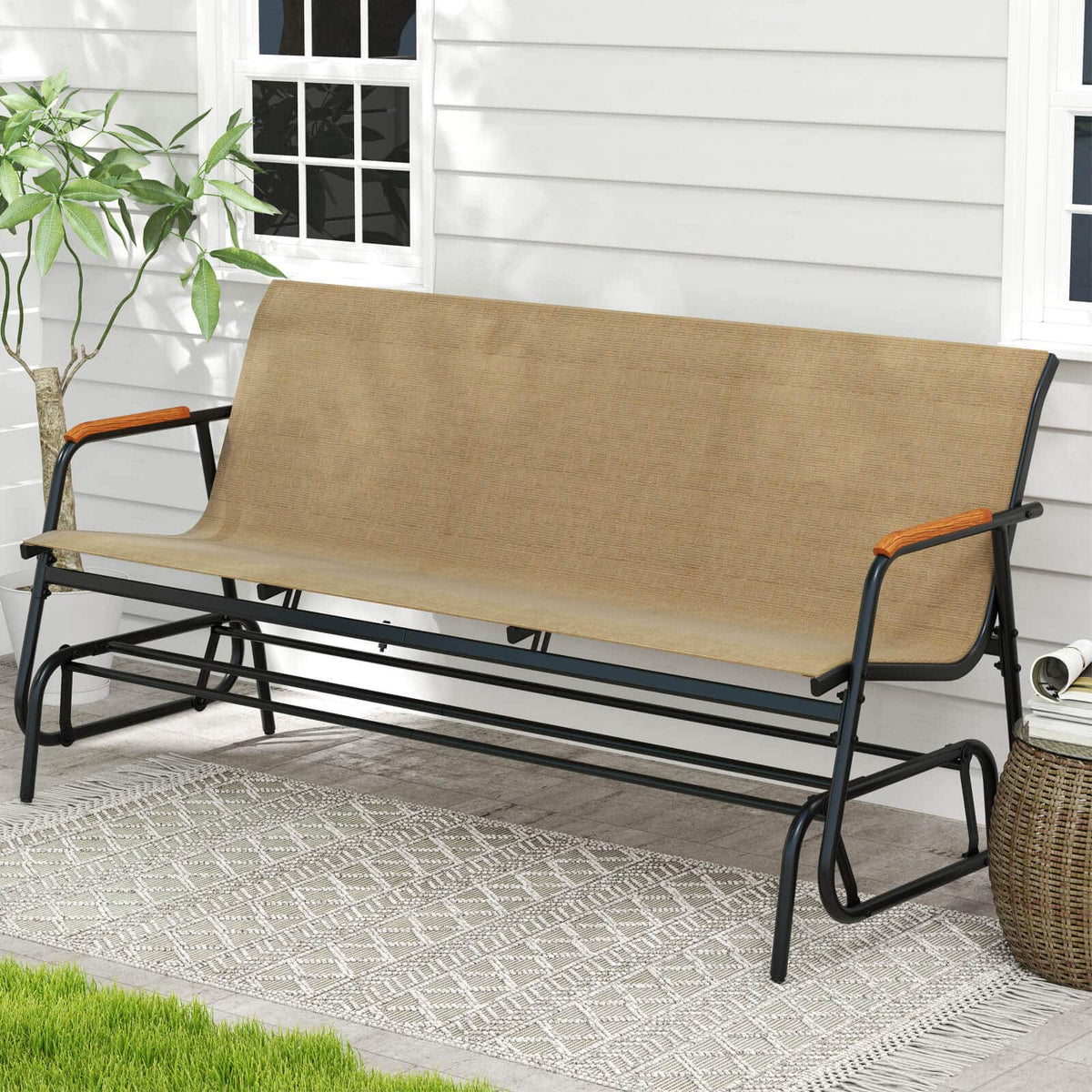 Costway - Patio Glider Bench for 3 Swing Gliding Loveseat with Curved Teak Armrests for Porch - Brown