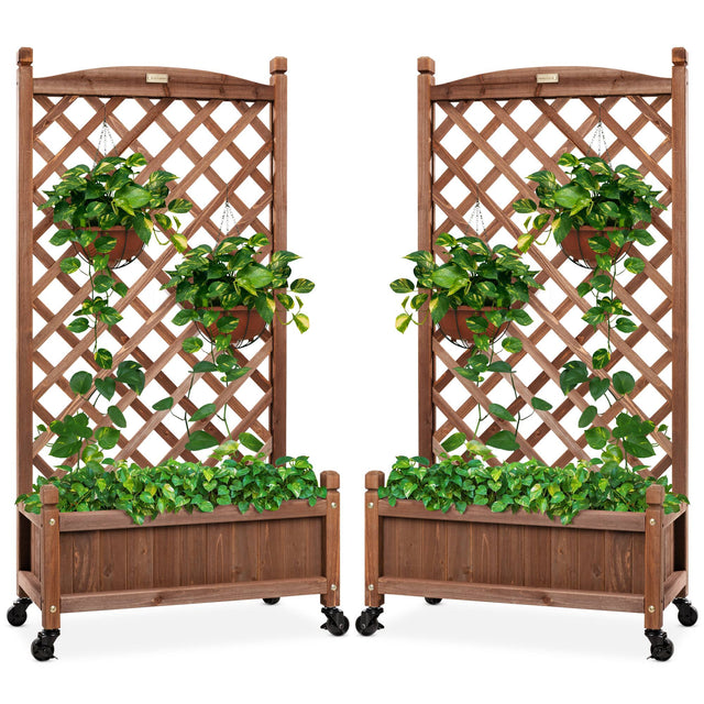 Front. Best Choice Products - Best Choice Products Set of 2 48in Wood Planter Box & Diamond Lattice Trellis, w/ Drainage, Optional Wheels - Walnut - Brown.