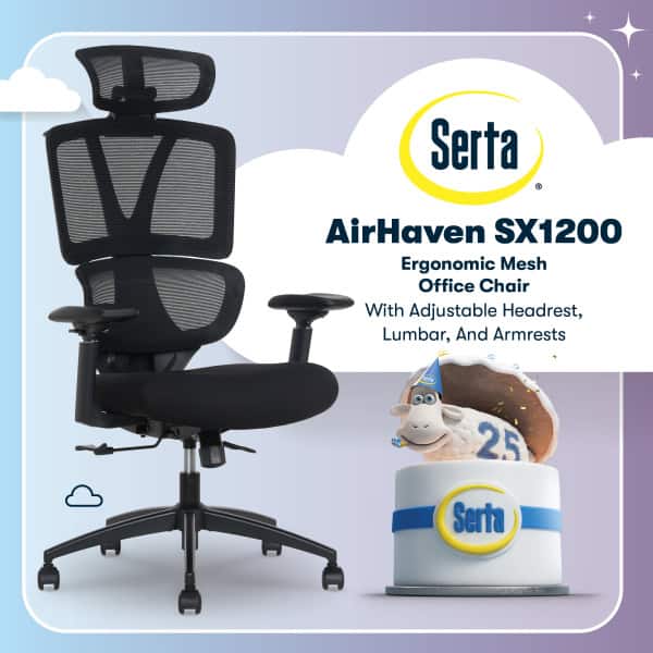 Serta - Ergonomic Office Chair with Adjustable Headrest & Arms, High Back Mesh Chair with Lumbar Support Reclining Swivel SX1200 - Black