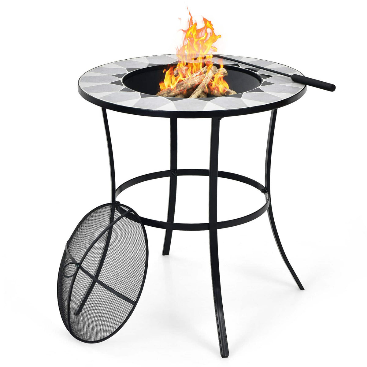 Costway - 23.5" Round Fire Pit Table Wood Burning Heater W/ Mesh Cover & Fire Poker - Black