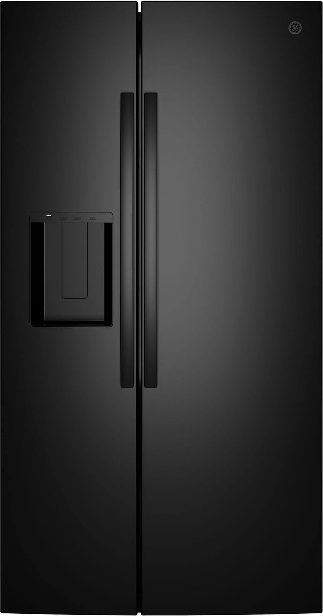Front. GE - 36 in. Wide 23.6 Cu. Ft. Freestanding Counter-Depth Side-By-Side Refrigerator ith Extra Tall Water and Ice Dispenser - Black.