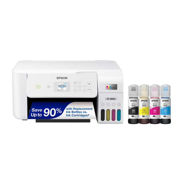 EPSON ET-2800 with Replacement Save 90% Ink Bottles vs. Up to Ink Cartridges* DX Y M C | 522 IR : -  : 522 Y | I - 10S  522 M t : 522 C - .