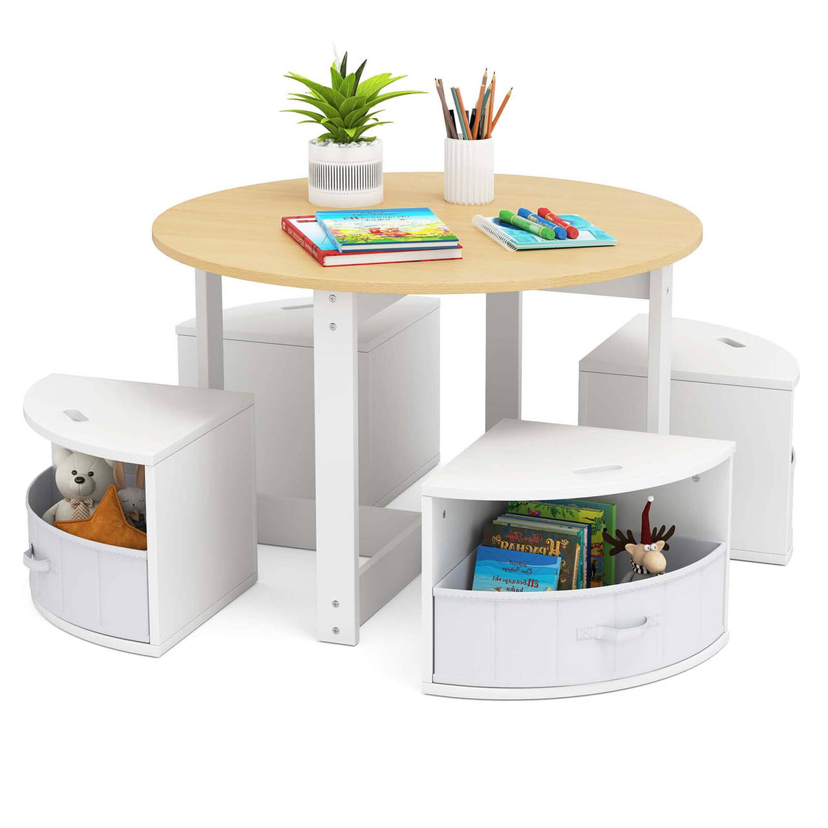 Costway - 5 Piece Kids Play Table and Chairs Set Round Nesting Table Toddler Furniture - Natural