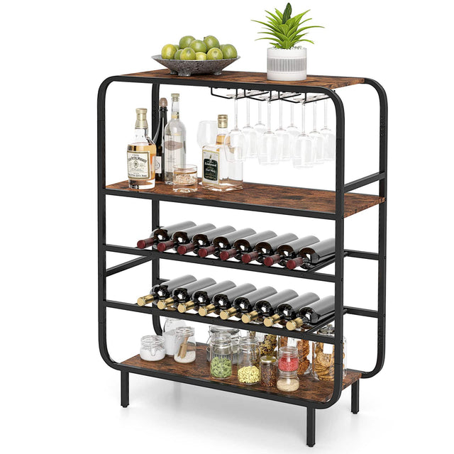 Front. Gymax - Gymax 16 Bottle Wine Rack w/ Glass Holders Metal Frame Storage Shelf for Kitchen - Coffee.