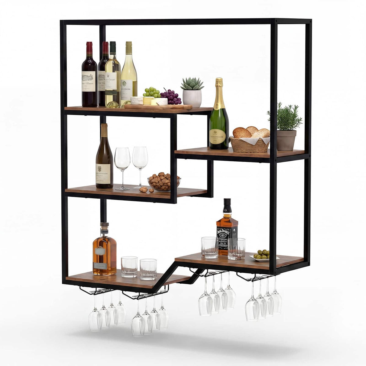 Costway - Wine Rack Wall Mounted, Wine Bottle Display Shelf with 4 Wine Glass Holders & Sturdy Metal Frame - Rustic Brown, Black
