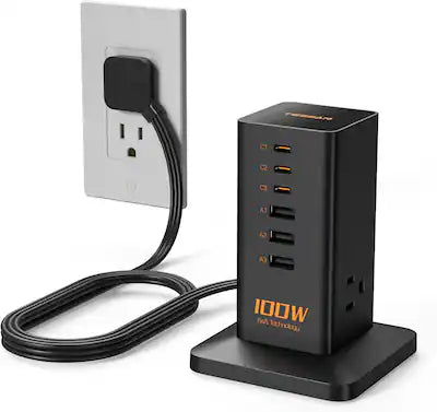 TESSAN - GaN 100W 3 Outlets/3-USB-C/3-USB-A Tower Power Strip Charging Station