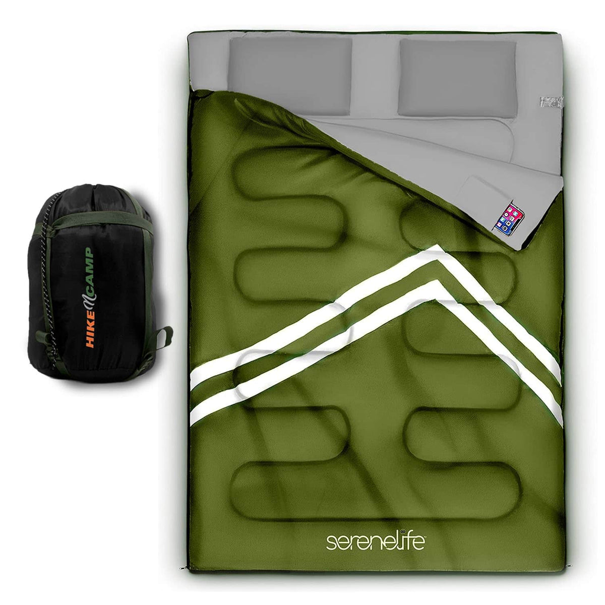 SereneLife - SLSBX9 Backpacking Sleeping Bag, Double, Weather-Proof, Lightweight, with 2 Pillows for Camping - Green