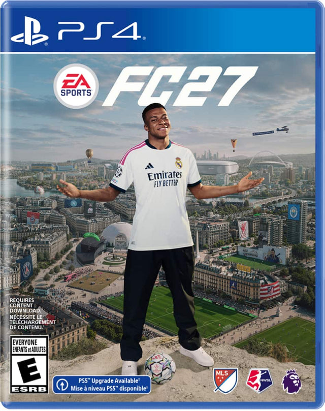 PS4. EA FC27 SPORTS Emirates FLY BETTER BELIEVE REQUIRES CONTENT DOWNLOAD. NCESSITE LE TÉLÉCHARGEMENT DE CONTENU. EVERYONE ENFANTS et ADULTES E ESRB PS5" Upgrade Available Mise à niveau PS5" disponible MLS NWSL