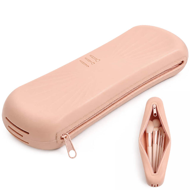 Front. Mber - Makeup Brush Bag, Zipper Makeup Brush Case, Silicone Makeup Brush Holder Travel Makeup Bag for Brushes, Khaki - Khaki.