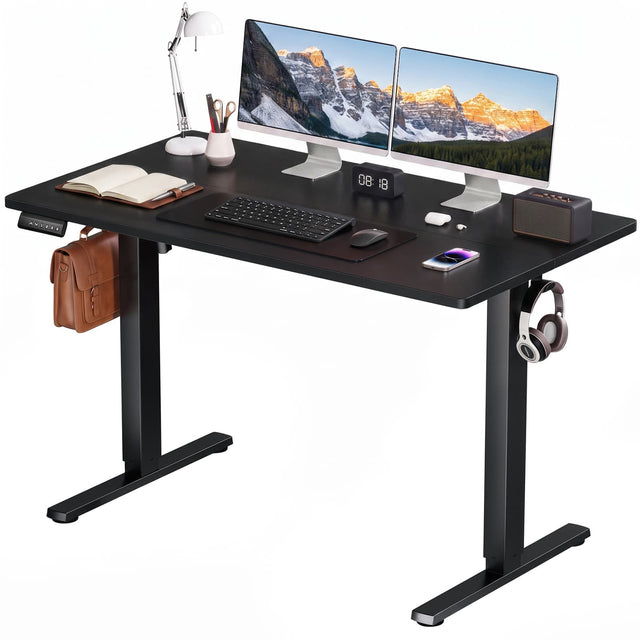 Front. Bestier - Electric Standing Desk - Height Adjustable Office Desk with LED Display, Hooks & Wire Holes - Black.