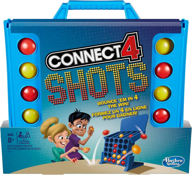 CONNECT 4 SHOTS  
BOUNCE 'EM IN 4 THE WIN!  
FORMEZ UN 4 EN LIGNE POUR GAGNER!  
AGE 8+  
2+ PLAYERS  
ADULT ASSEMBLY REQUIRED, DOIT ÊTRE ASSEMBLÉ PAR UN ADULTE.  
E.3578  
Hasbro Gaming