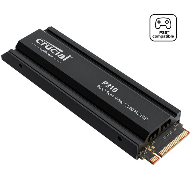 Crucial by Micron is a company that produces computer memory and storage solutions. The image features a Crucial P310 NVMe SSD, which is a type of solid-state drive that uses the PCIe Gen4 interface. This particular SSD is compatible with the PlayStation 5 gaming console and is designed to be used with a PC. The SSD is available in a 2280 M.2 form factor, which is a compact and high-performance storage solution.