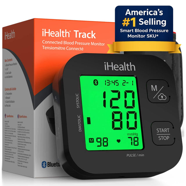 iHealth iHealth Track Connected Blood Pressure Monitor Tensiomtre Connect America's #1 Selling Smart Blood Pressure Monitor SKU* for Contents 1 Blood Pressure Monitor 1 Cuff 1 User Guide 4 AAA Batteries Contenu 1 tensiomètre 1 coeur 1 guide d'utilisation 4 piles AA Specifications Specifications - 4 - - iHealth 13:45 2-1 120 80 mmHg 98 78 PULSE/min START STOP