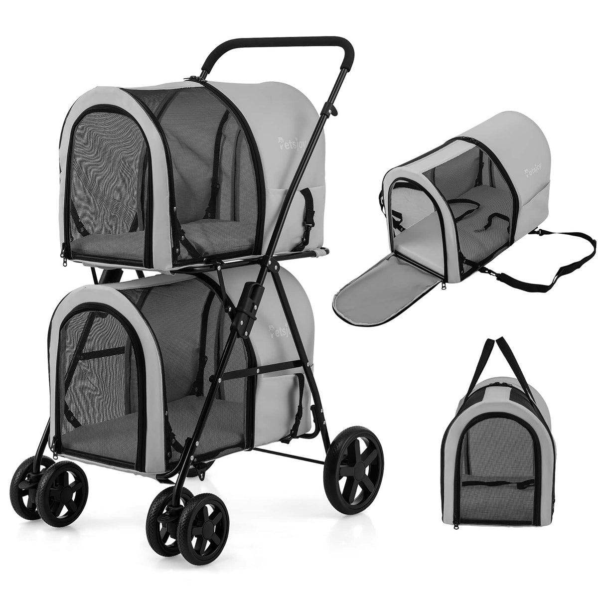 Gymax - 4-in-1 Double Pet Stroller w/ Detachable Carrier Travel Carriage for Cats Grey