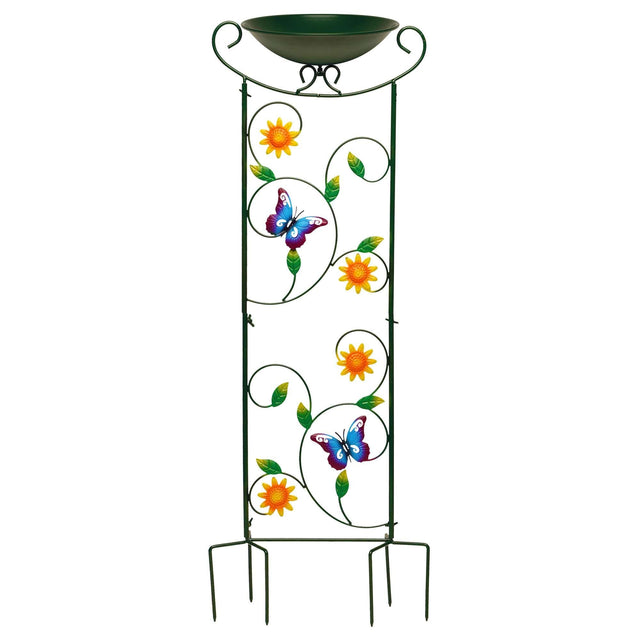 Front. G128 - 35 Inch Antique Iron Garden Bird Bath with Trellis and Detachable Bowl - Green.