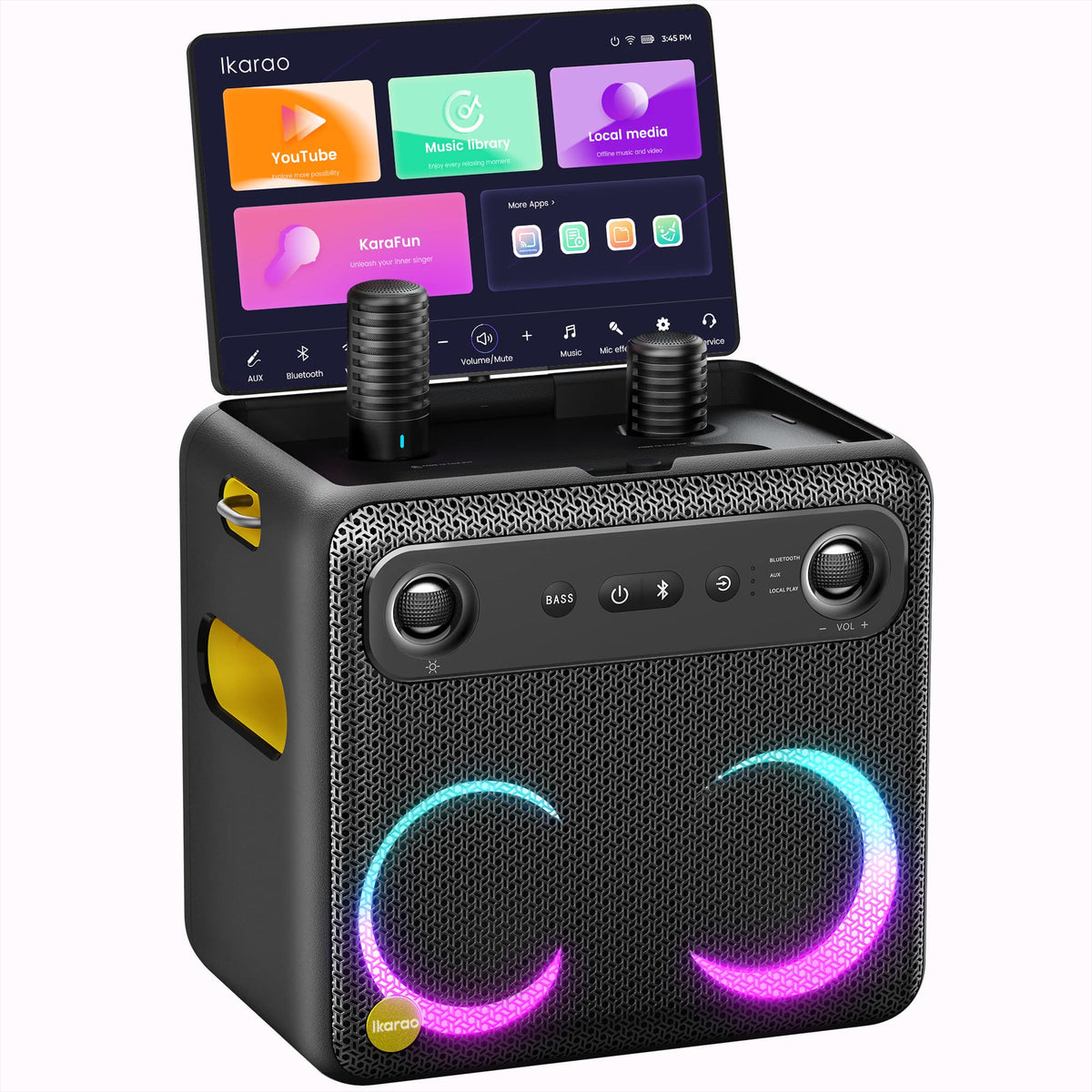 Ikarao - Smart portable Karaoke Machine with Lyrics Display, 32GB Karaoke Tablet, 2 Wireless Mics, 300W Peak Power, 4 DJ Lights