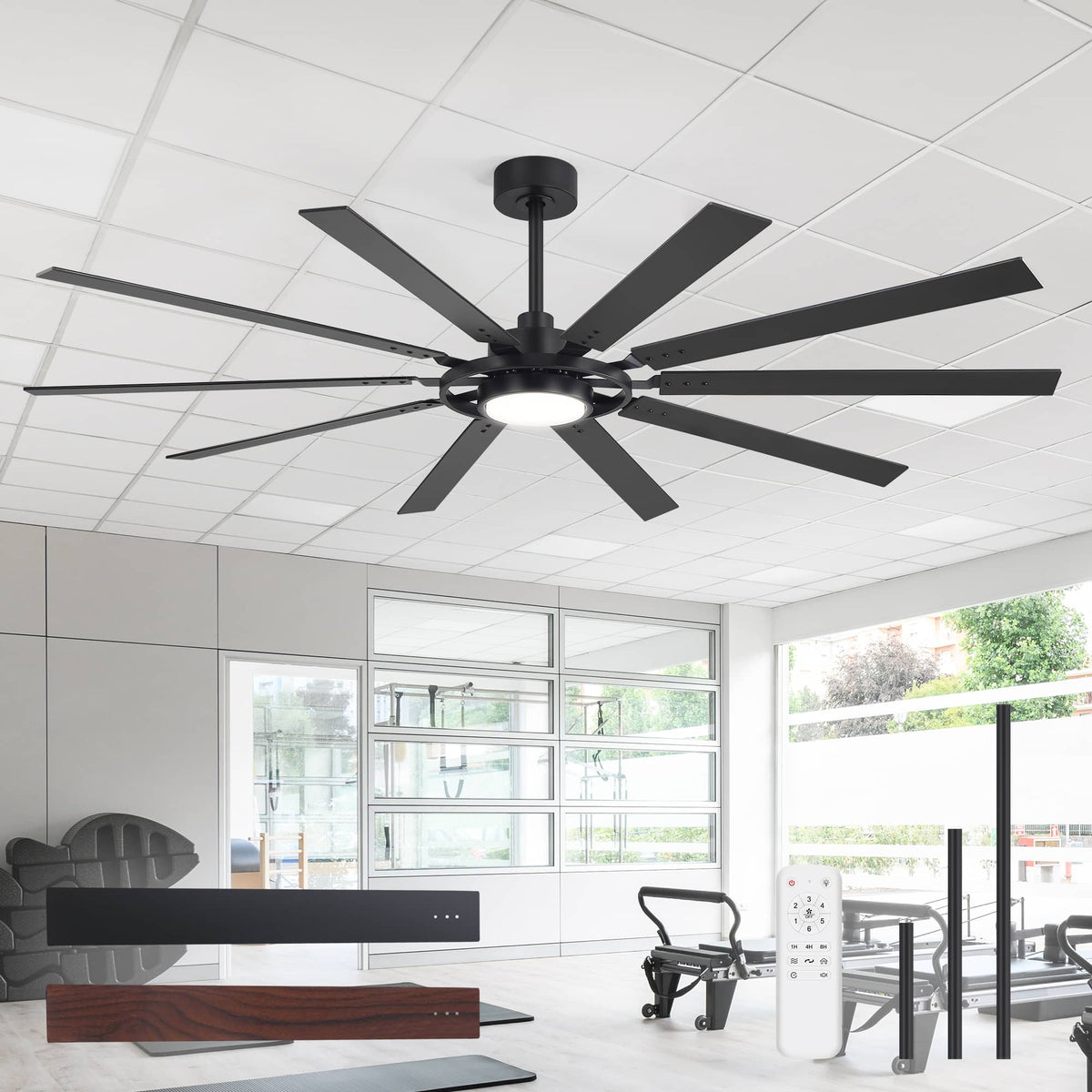 Breezary - 72-Inch Large LED Ceiling Fan with Light, 10 Blades, DC Motor, Remote Control, 6 Speeds, 1/4/8H Timer - Matte Black