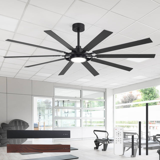 Front. Breezary - 72-Inch Large LED Ceiling Fan with Light, 10 Blades, DC Motor, Remote Control, 6 Speeds, 1/4/8H Timer - Matte Black.